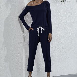 Off the Shoulder Drawstring Waist Jumpsuit:  Color: Blue Navy:  Size M (US 6)